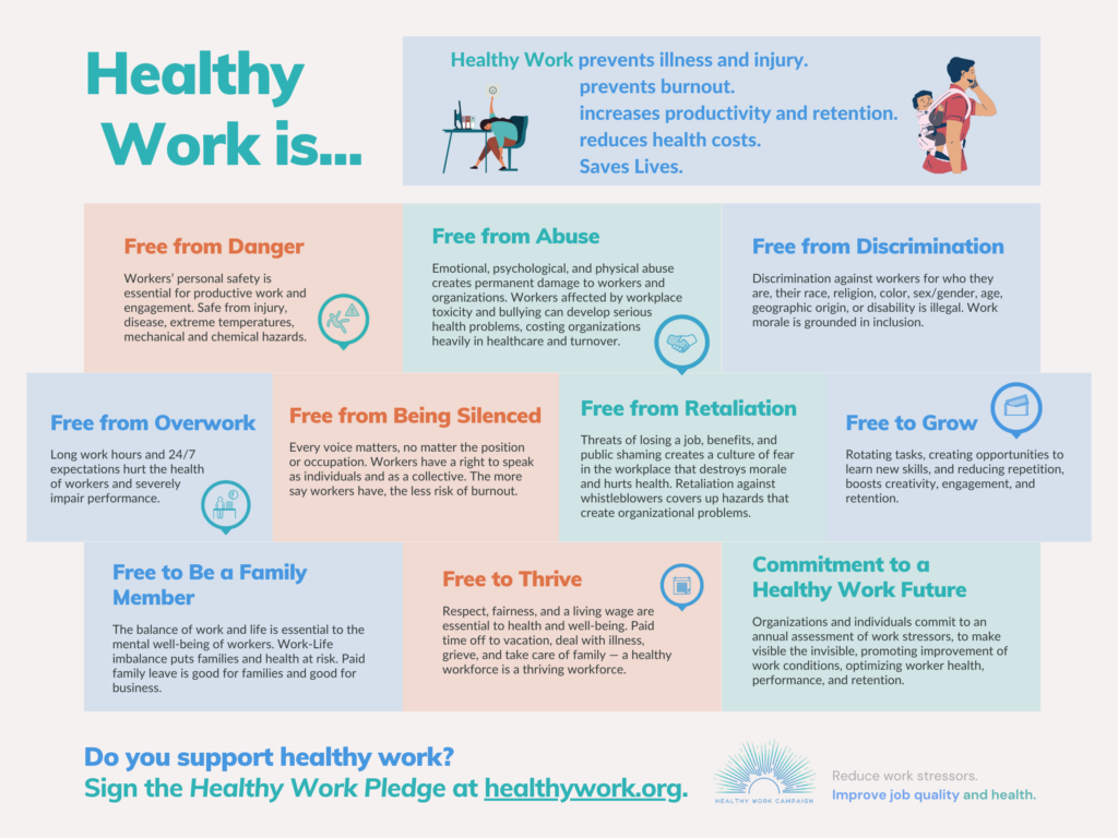 This graphic describes what healthy work is and a set of 10 principles organizations and individuals can commit to incorporate in their workplace.